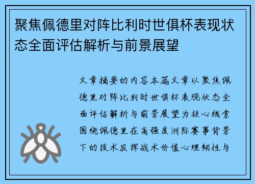 聚焦佩德里对阵比利时世俱杯表现状态全面评估解析与前景展望 聚焦佩德里对阵比利时世俱杯表现状态全面评估解析与前景展望